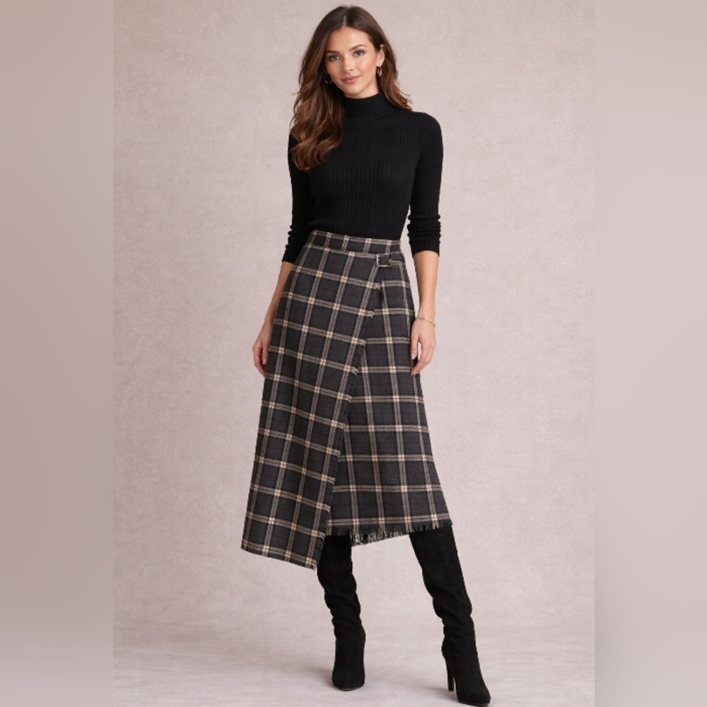 Rafaella 100%Wool Y2K Midi Plaid Kilt Lined Skirt Sz 10